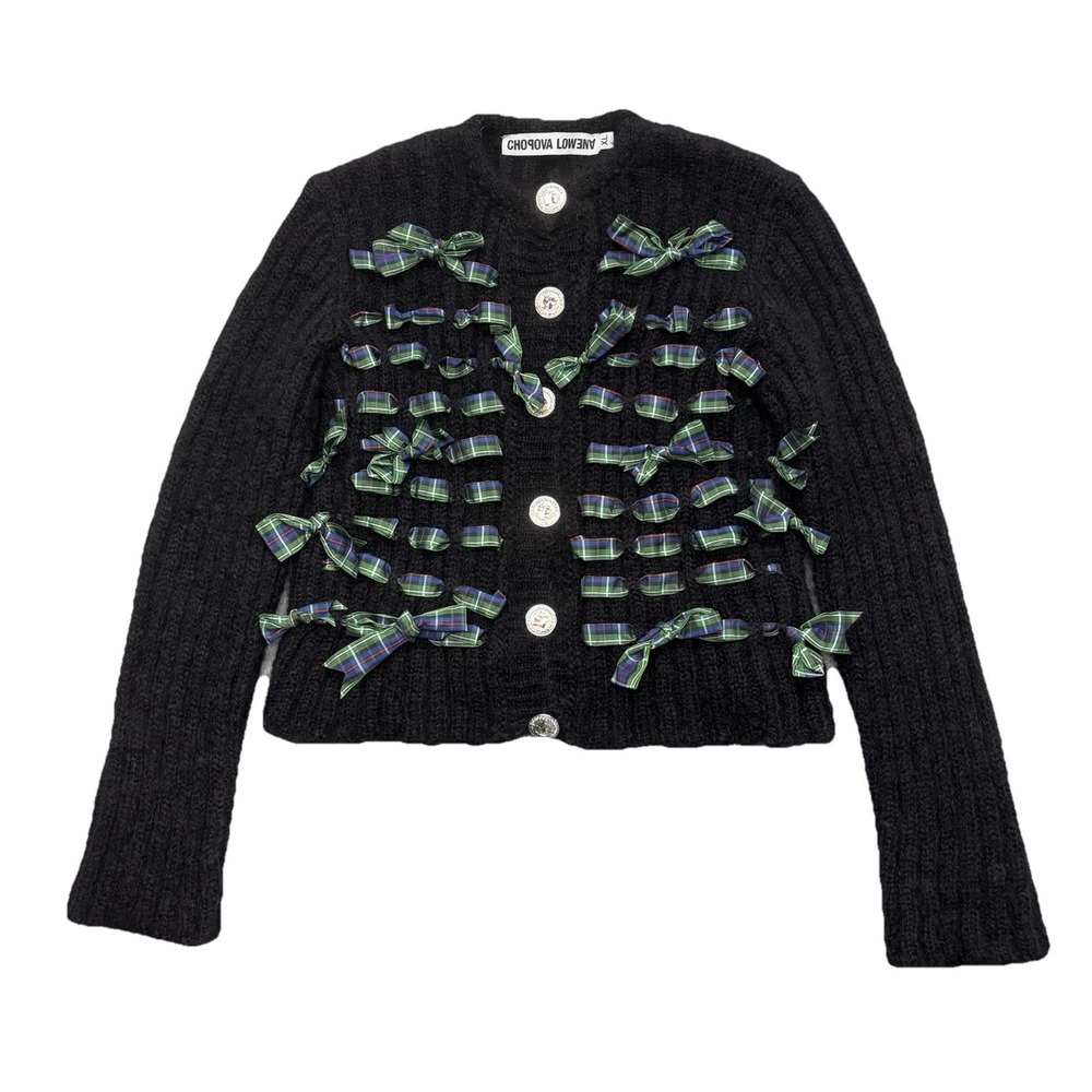 Chopova Lowena Bow Mohair Blend Button Front Cardigan Sweater Black Size XL